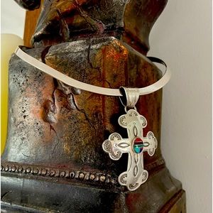 Mexico 925 Silver Choker Necklace Cross Turquoise pendant